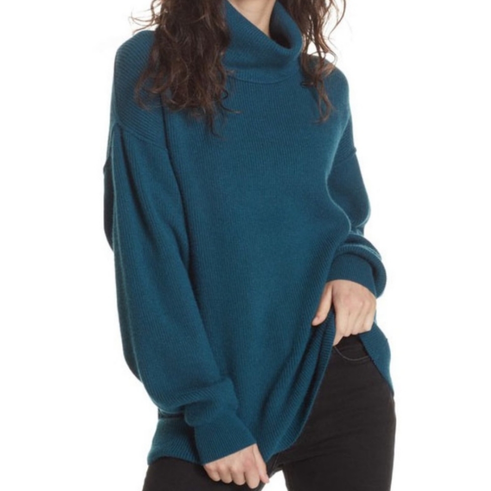 Free People Sweater Softly Structured Teal Ribbed Mock Neck